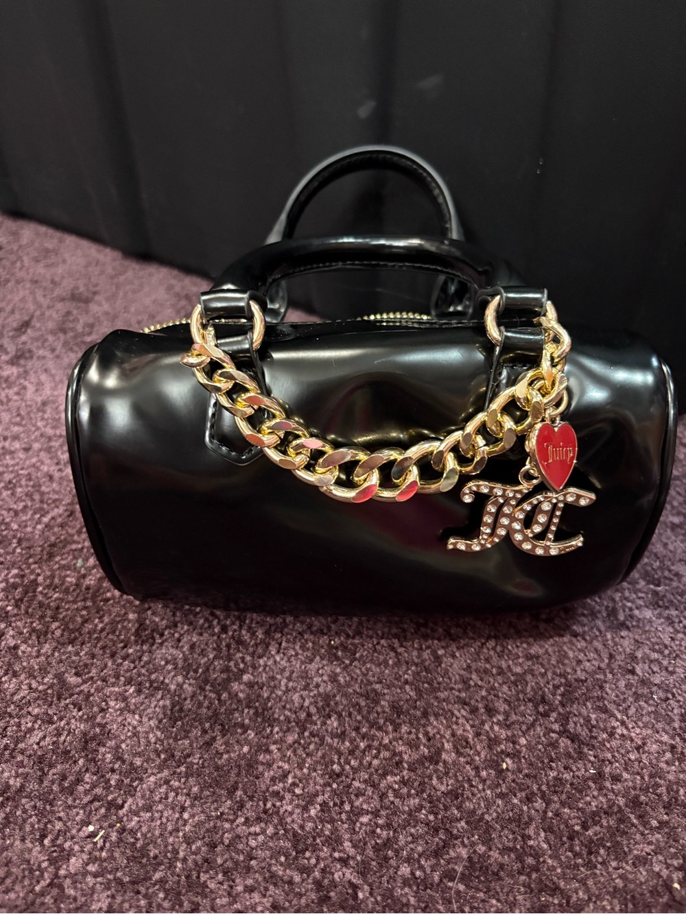 Juicy Couture Black Patent Mini heart Bag with Gold Chain and Red Heart Charm